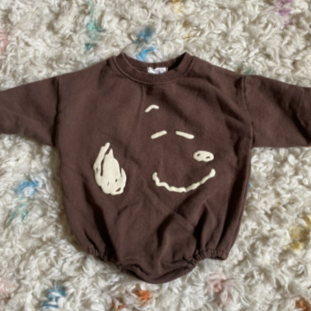 Bebe Nine Korean Sweatshirt Bubble Romper with Abstract Smiley Face